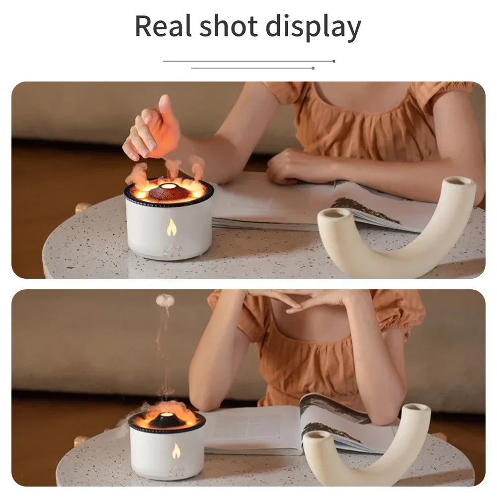 360ml and 560ml Sanctaglow volcanic flame humidifier sizes shown side by side

