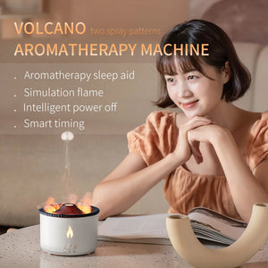 Glacier Blue flame effect on the Sanctaglow ultrasonic humidifier in a dimly lit bedroom
