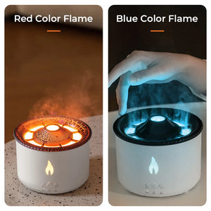 Close-up of the realistic flame and mist on the Sanctaglow aromatherapy diffuser
