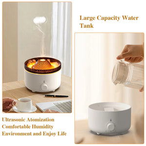 Glacier Blue flame effect on the Sanctaglow ultrasonic humidifier in a dimly lit bedroom
