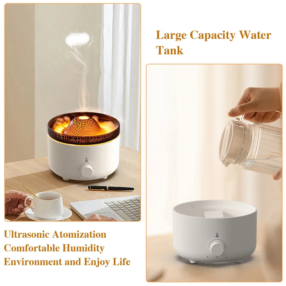 Glacier Blue flame effect on the Sanctaglow ultrasonic humidifier in a dimly lit bedroom
