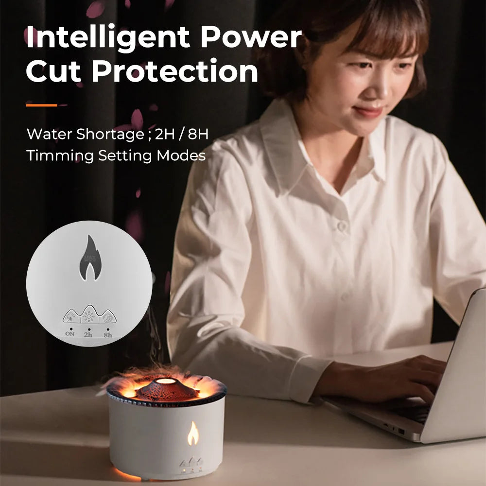 Glacier Blue flame effect on the Sanctaglow ultrasonic humidifier in a dimly lit bedroom
