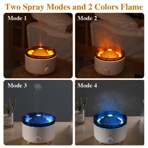 Sanctaglow volcanic flame humidifier glowing in Deep Lava Orange mode on a wooden bedside table
