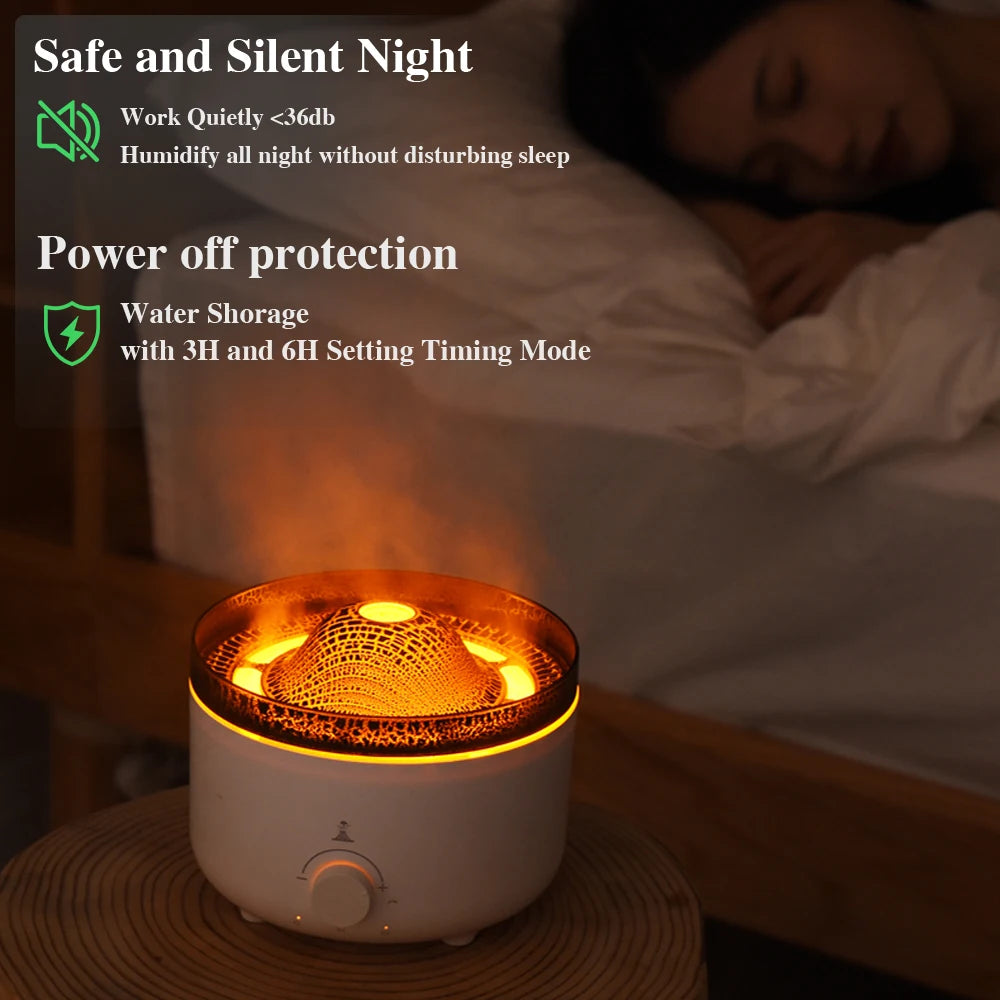 Sanctaglow volcanic flame humidifier glowing in Deep Lava Orange mode on a wooden bedside table
