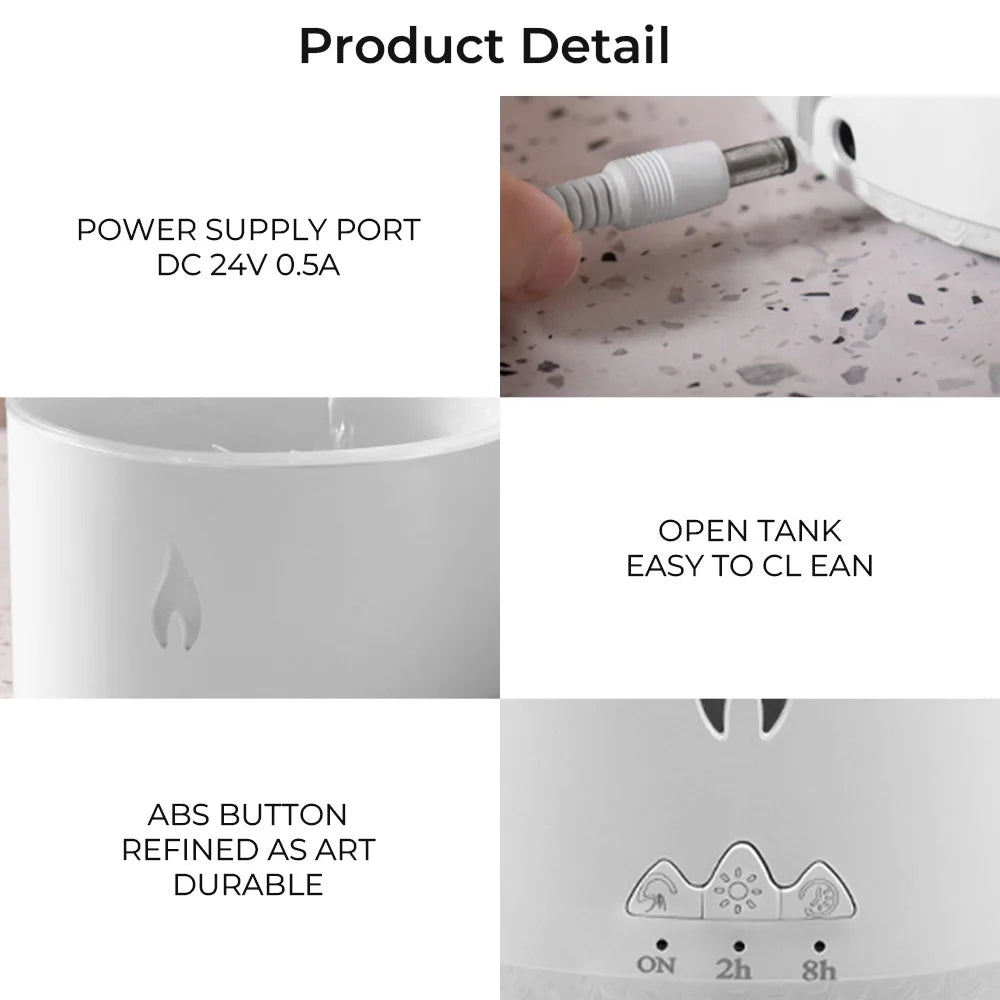 Glacier Blue flame effect on the Sanctaglow ultrasonic humidifier in a dimly lit bedroom
