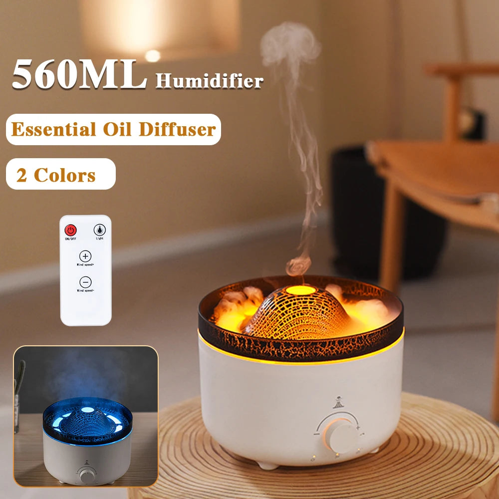 Sanctaglow volcanic flame humidifier glowing in Deep Lava Orange mode on a wooden bedside table
