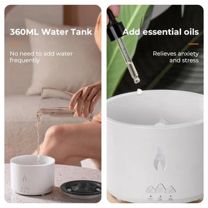 Sanctaglow flame humidifier releasing cool mist in a modern living room
