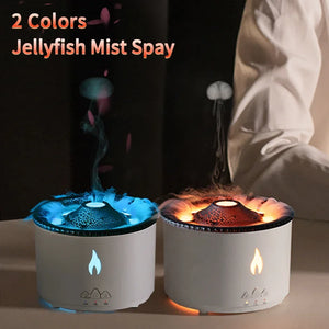 Sanctaglow volcanic flame humidifier glowing in Deep Lava Orange mode on a wooden bedside table