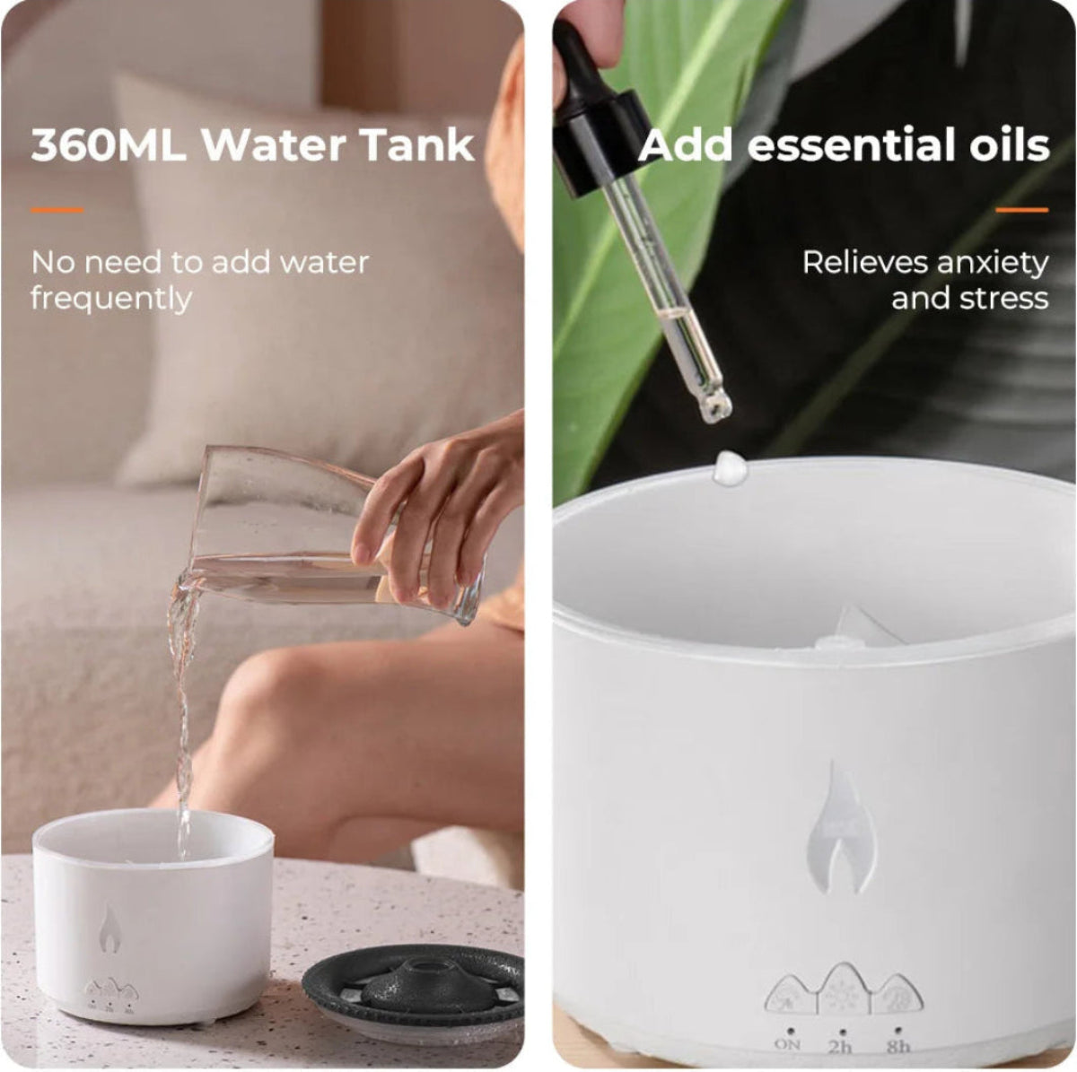 Two images showing a 360ml water tank and essential oil diffuser with text describing features.
