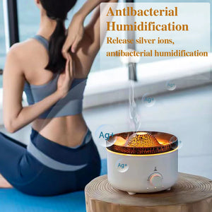 Glacier Blue flame effect on the Sanctaglow ultrasonic humidifier in a dimly lit bedroom
