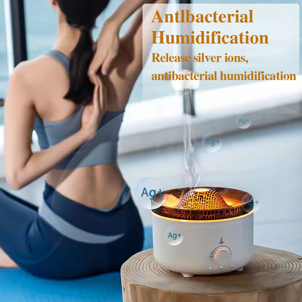 Glacier Blue flame effect on the Sanctaglow ultrasonic humidifier in a dimly lit bedroom
